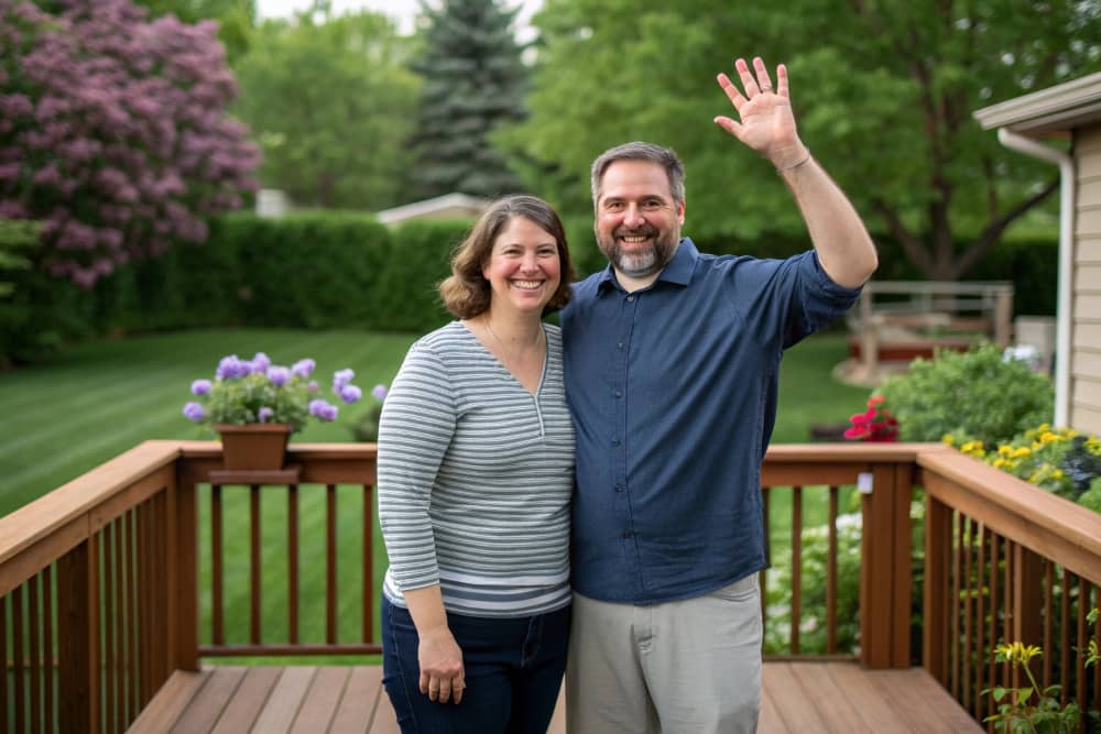 a couple waving hand in their backyard