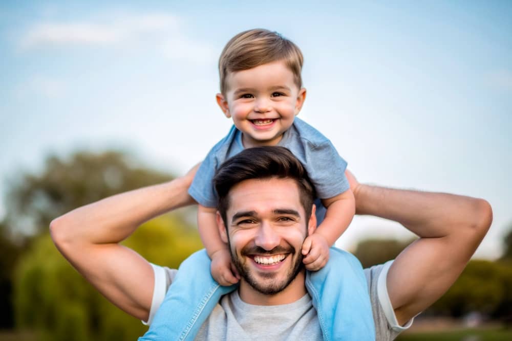 A happy dad is carrying his son on his shoulders.